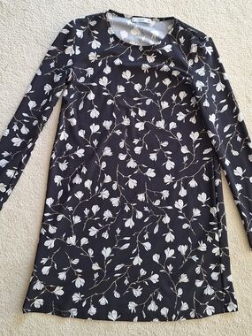 Mango Black Floral Shift Dress with Cream Blossom Print